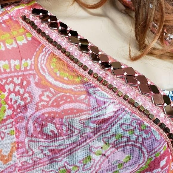 I.N.C beach swim suit coverup mesh sheer orange, beaded, paisley boho size M - Picture 3 of 6